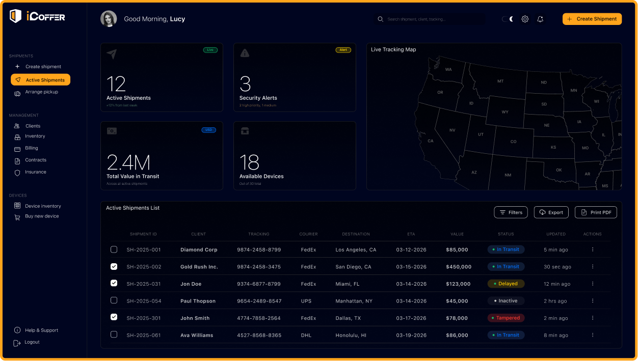 iCoffer operational dashboard showing active shipments, security alerts, shipment values, live tracking locations, and shipment status details