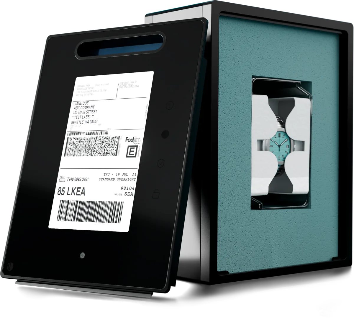 iCoffer protective shipping enclosure with a secured watch inside