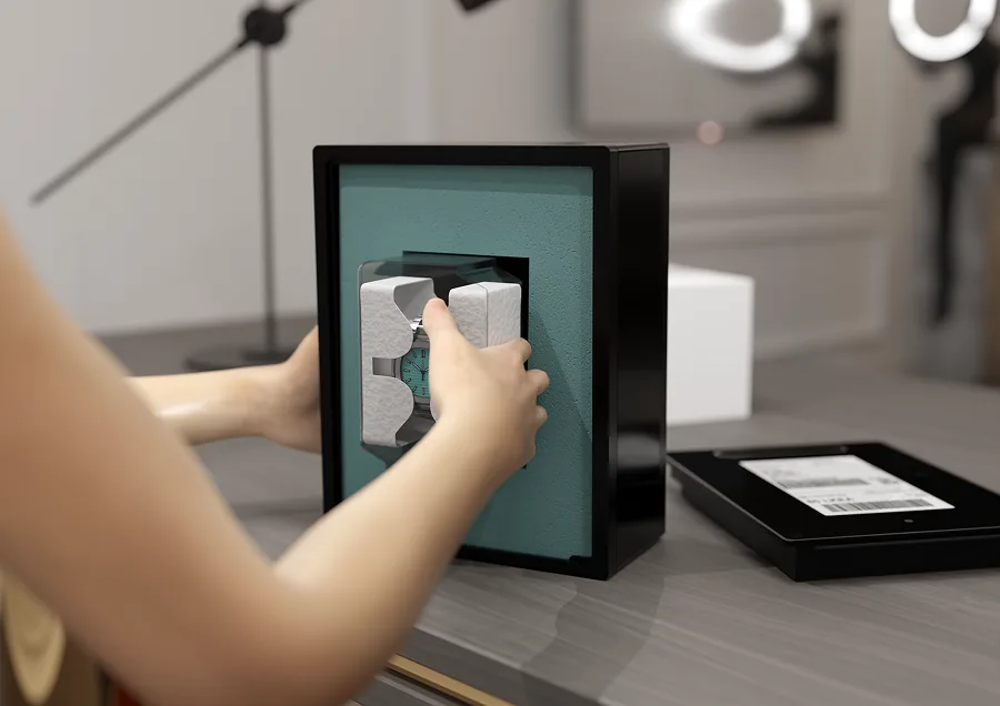 Placing a watch into the protective iCoffer enclosure